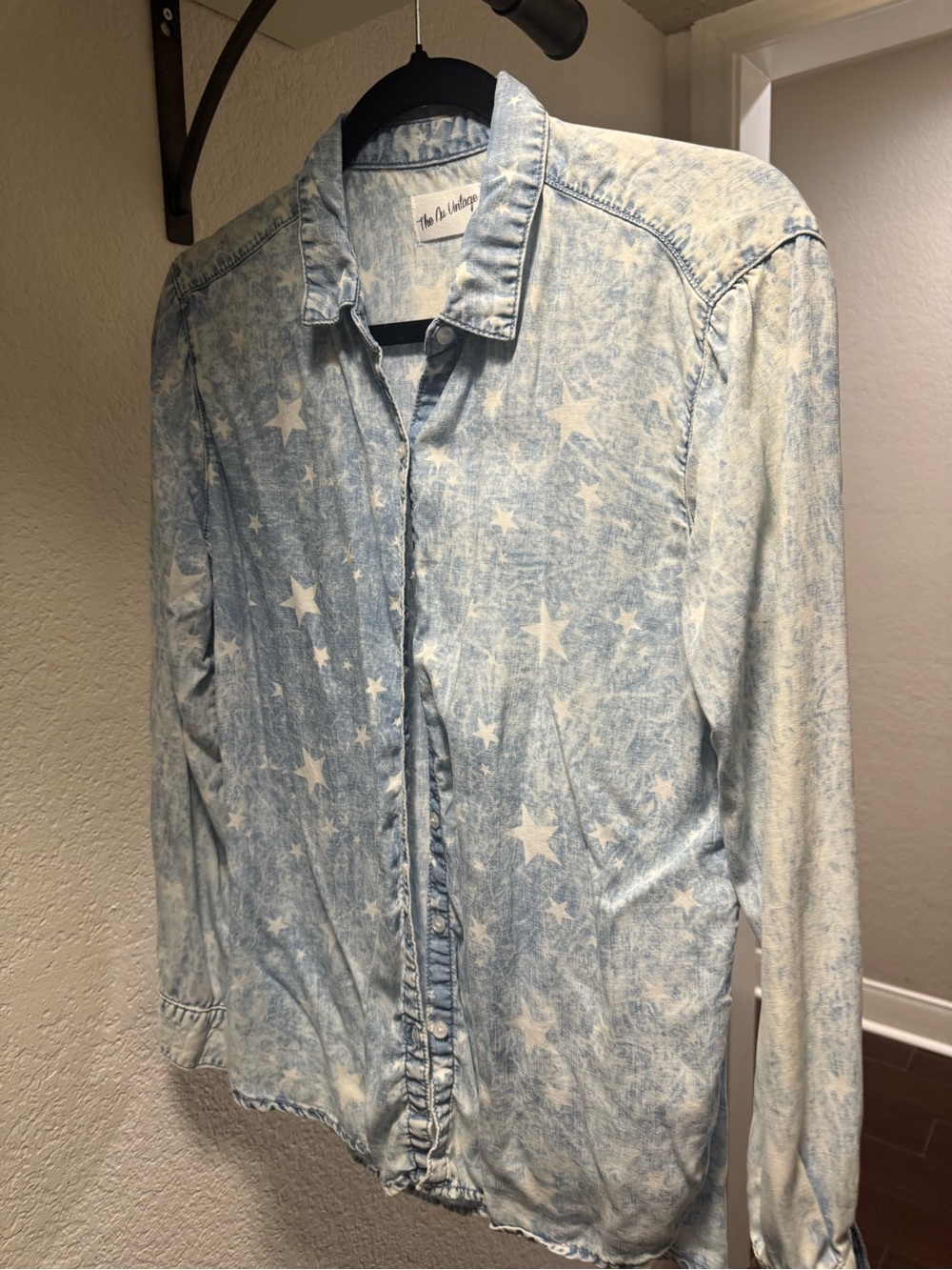 Vintage Light Blue Star-Print Denim Button-Down Shirt